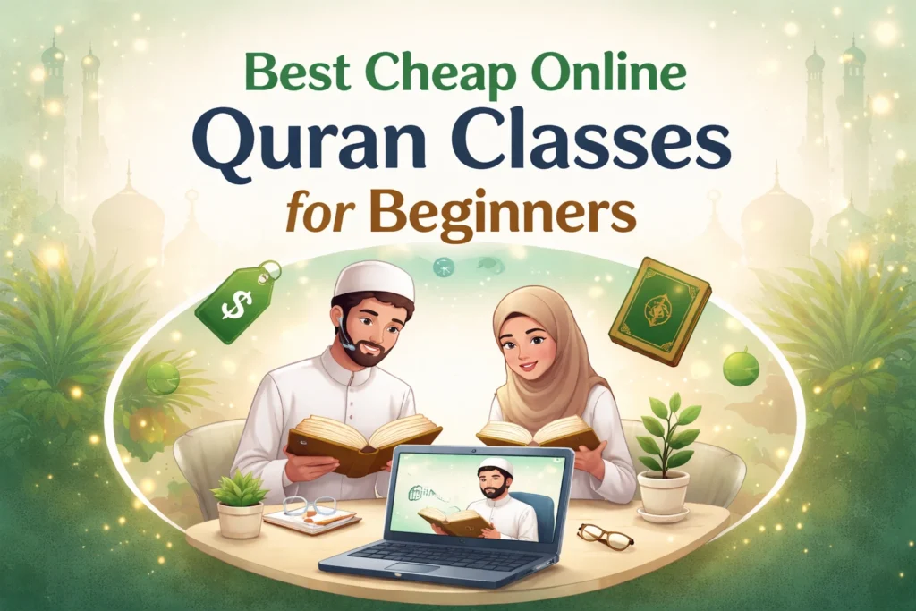 A banner showcasing the title 'Best Cheap Online Quran Classes for Beginners' with a Muslim couple studying Quran online on a laptop.
