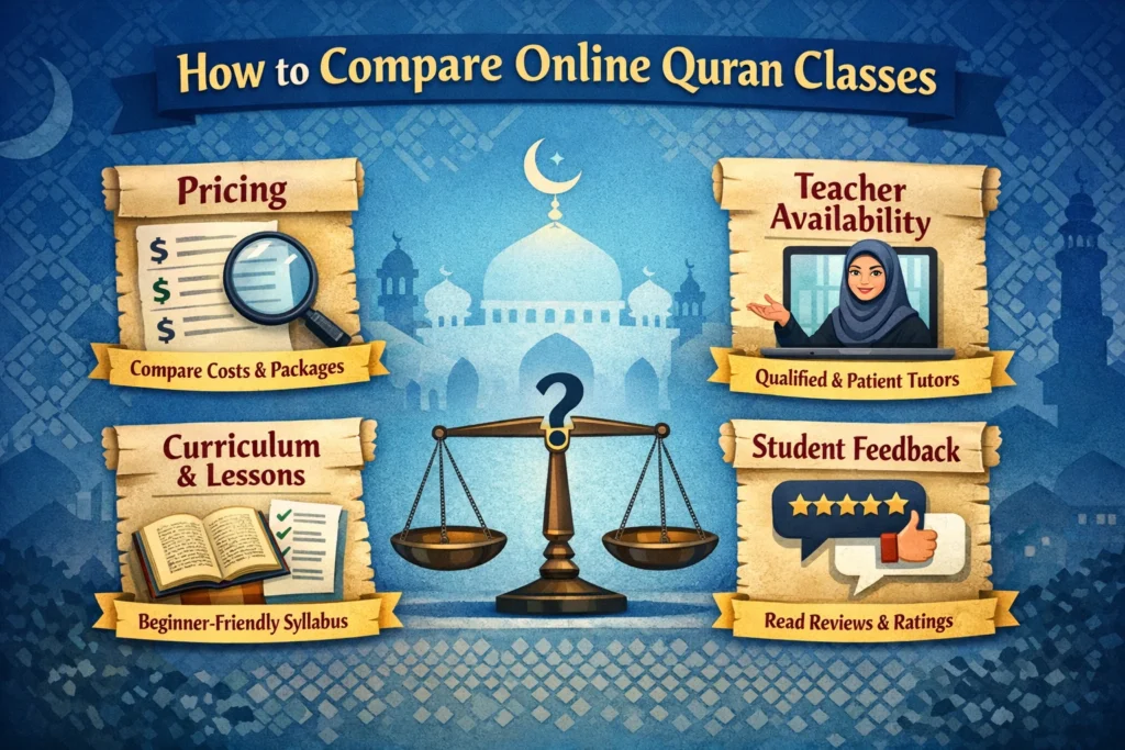 Infographic showing how to compare online Quran classes based on pricing, teacher availability, curriculum structure, and student feedback