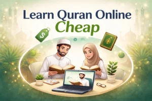 A vibrant banner featuring the text 'Learn Quran Online Cheap' with a young Muslim couple studying Quran online, using a laptop.