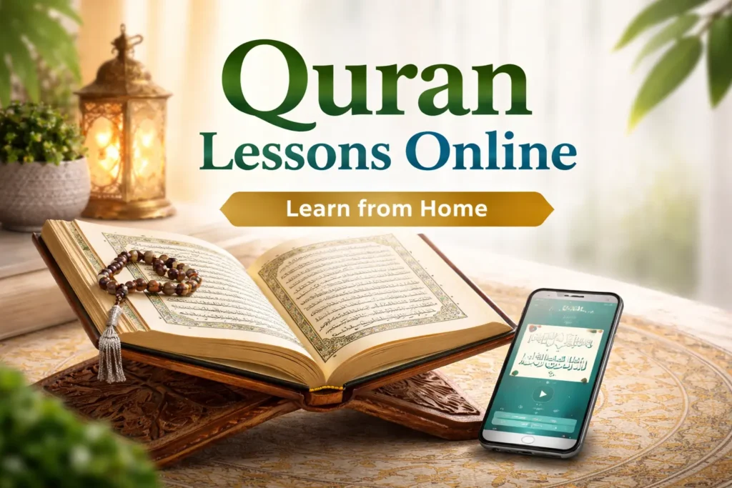 A banner showing an open Quran on a wooden rehal with a misbaha, smartphone, and lantern, promoting 'Quran Lessons Online' and 'Learn from Home'