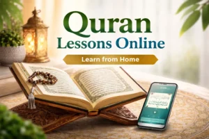 A banner showing an open Quran on a wooden rehal with a misbaha, smartphone, and lantern, promoting 'Quran Lessons Online' and 'Learn from Home'