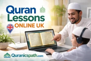 Quran Lessons Online UK by Quranicspath with expert teacher teaching student in an online Quran class