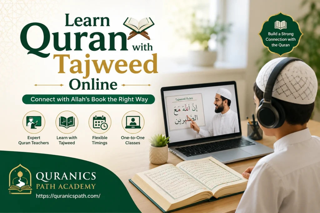 Learn Quran with Tajweed Online banner featuring a student attending a one-on-one online Quran class with an expert teacher at Quranics Path Academy