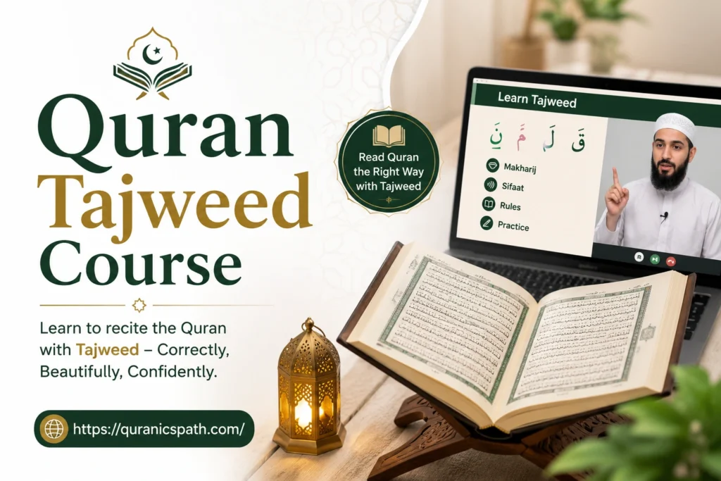 Online Quran Tajweed course with a Quran, virtual teacher, and Islamic design elements.