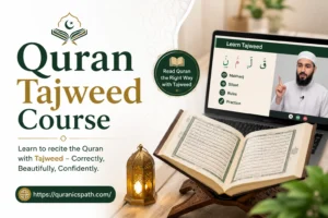 Online Quran Tajweed course with a Quran, virtual teacher, and Islamic design elements.